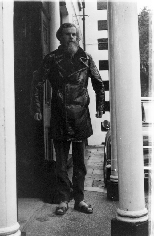 Lionel Miskin in leathers outside entrance